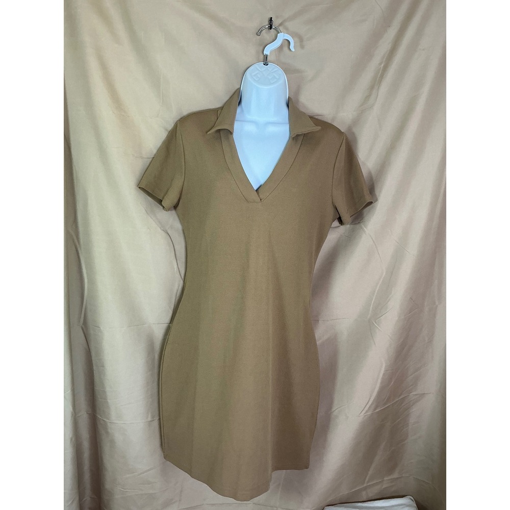 Cider Polo Mini Dress Womens M Khaki Tan Excellent Ribbed V-Neck Short Sleeve - Picture 3 of 9